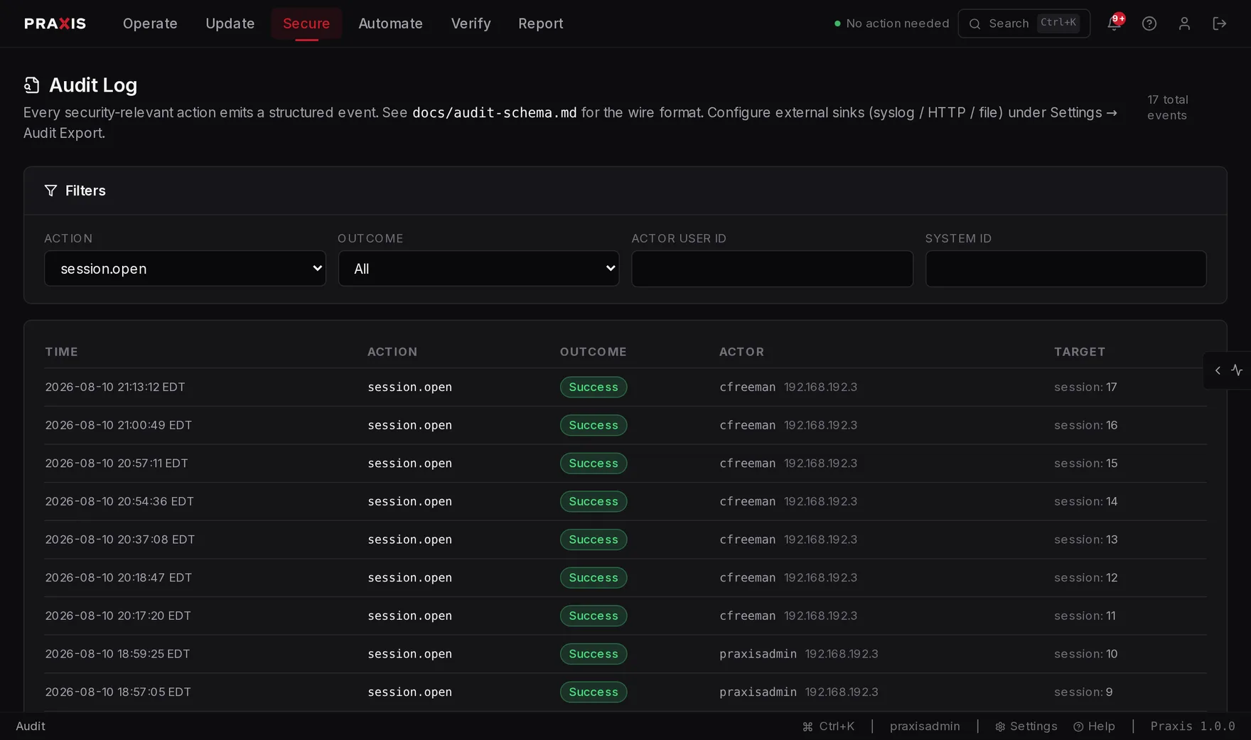 Praxis audit log filtered to session.open events, each row showing the timestamp, action, a Success outcome, the acting operator with their source IP, and the session opened.