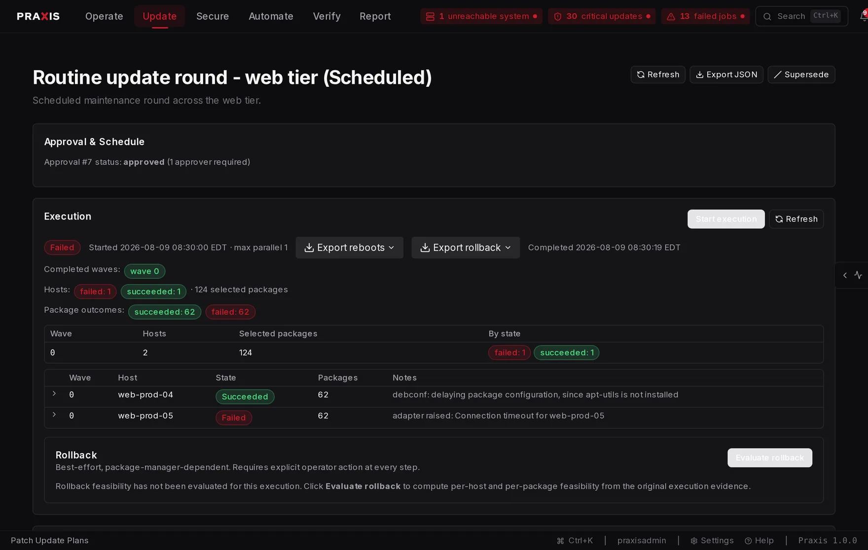 Praxis patch update plan: an approved scheduled round across the web tier, showing wave staging, 124 selected packages, per-host success and failure with the failure reason, and a rollback panel.